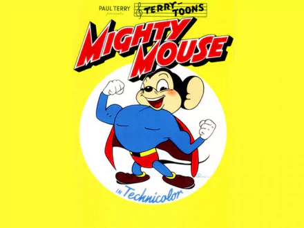 HD PC desktop wallpaper featuring Mighty Mouse from the TV show, with the character flexing muscles confidently against a bright yellow background.