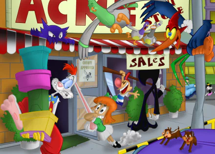 HD PC desktop wallpaper featuring a vibrant Toontown movie crossover scene with animated characters in a lively street market setting.