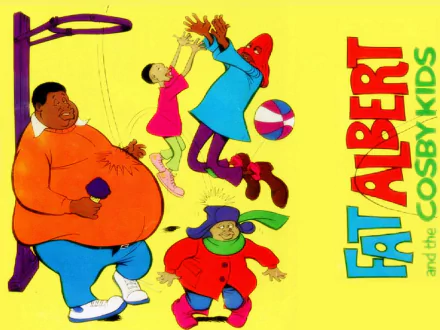 HD PC desktop wallpaper featuring colorful characters from the TV show Fat Albert, with a bright yellow background and the title Fat Albert and the Cosby Kids on the side.