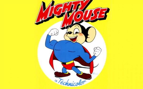 HD PC desktop wallpaper featuring Mighty Mouse from the TV show, with the character flexing muscles confidently against a bright yellow background.