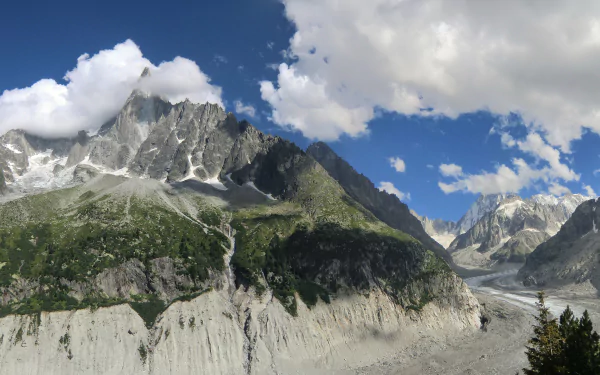 5K Ultra HD PC desktop wallpaper background: panoramic Alps nature with rugged mountains and a glacier threading through a green valley under a blue sky.