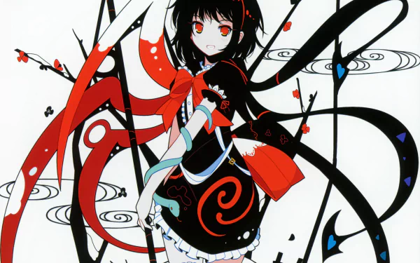 HD anime desktop wallpaper featuring Nue Houjuu from Touhou, showcasing her dark hair, red eyes, and intricate black and red outfit with swirling, artistic background elements.