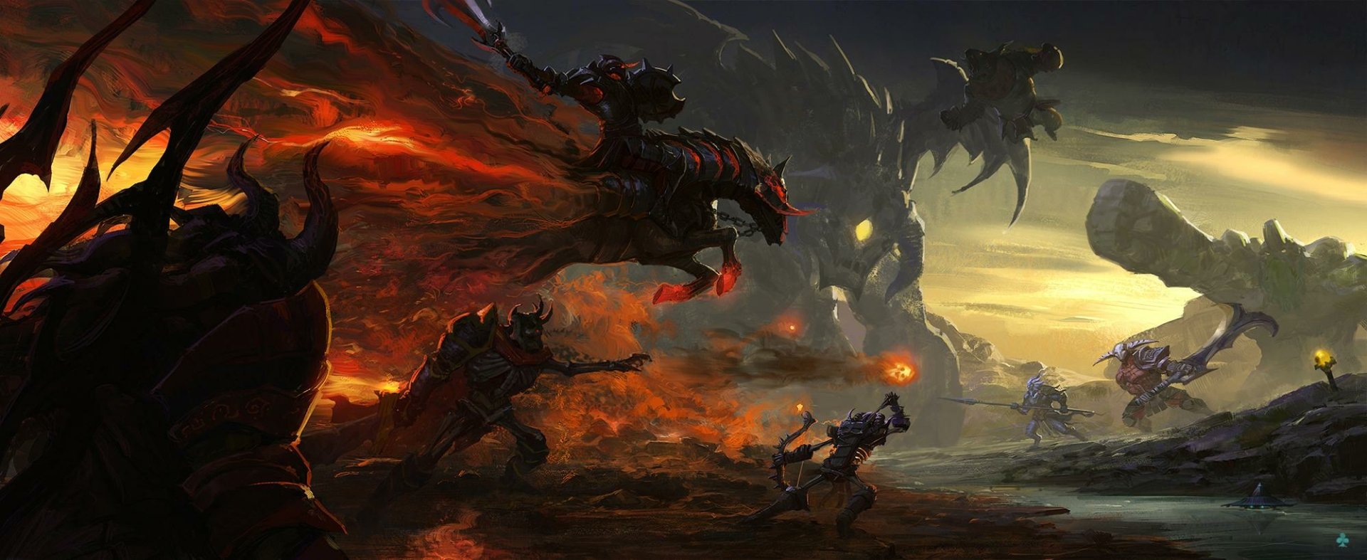 A dynamic HD wallpaper featuring intense characters from DotA 2, set against a dramatic backdrop of fire and shadowy creatures, capturing the essence of battle in the game.
