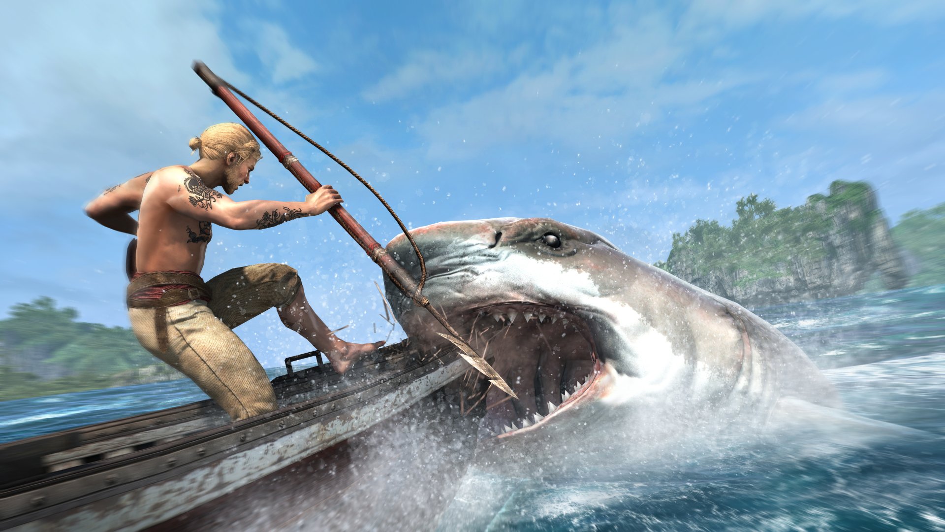 4K Ultra HD wallpaper from Assassin's Creed IV: Black Flag showing a character in a boat fighting a large shark in the ocean with islands in the background.