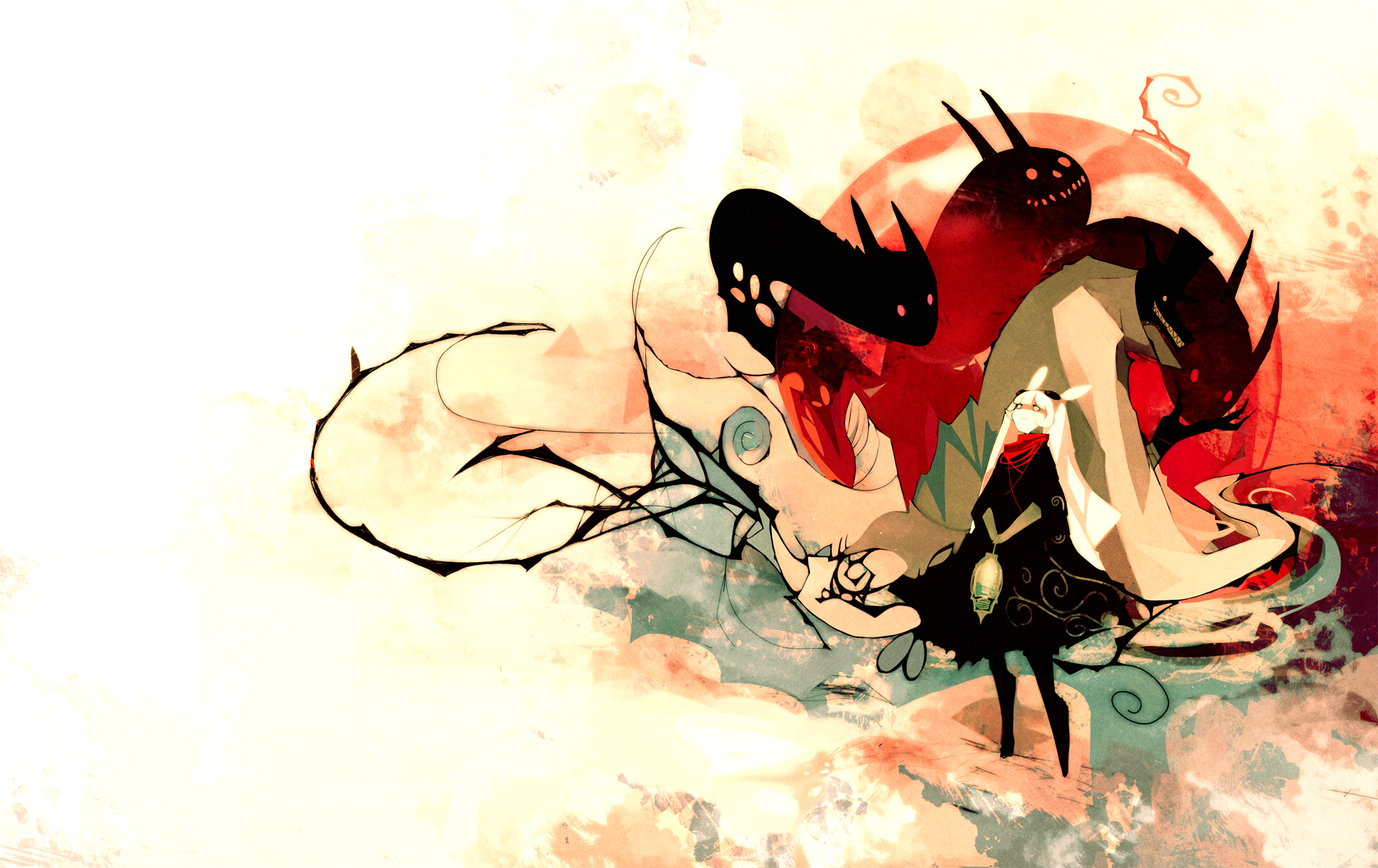 A vibrant HD anime wallpaper featuring a character with bunny ears, surrounded by shadowy creatures against a colorful, abstract background.