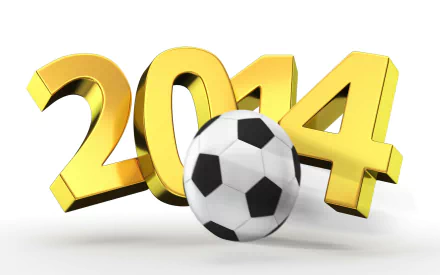 HD PC desktop wallpaper/background: golden 2014 numerals with a black-and-white soccer ball on a white background — New Year holiday 2014 theme.