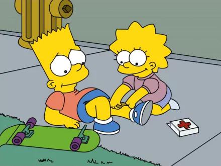 Bart and Lisa Simpson share a moment in this HD wallpaper from *The Simpsons*, with Bart tending to his knee and a skateboard nearby. A red cross box rests on the ground.