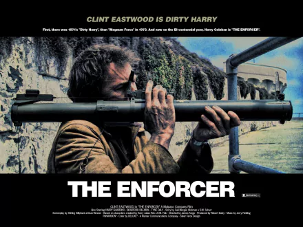 HD desktop wallpaper — gritty movie poster of an iconic cop aiming a rocket launcher from a seaside railing; bold title The Enforcer with 1976 film credits.