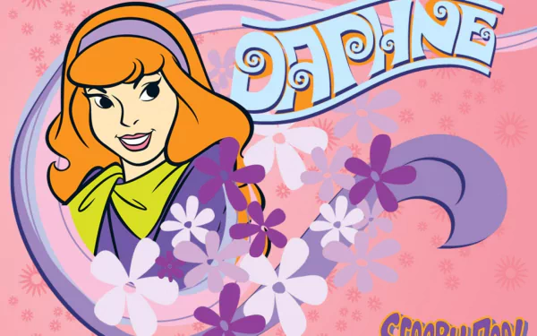 A vibrant HD wallpaper featuring Daphne from Scooby-Doo, set against a playful pink background adorned with flowers, capturing the essence of this beloved TV show.