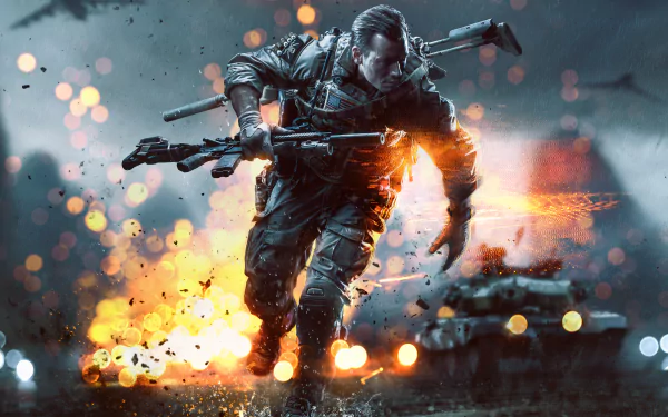 A bold soldier runs through a chaotic battlefield, armed and ready, set against a backdrop of explosions in this HD wallpaper inspired by Battlefield 4.