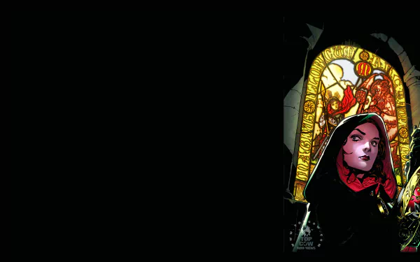 Comic-style illustration of Magdalena in front of a glowing stained glass window, rendered in 4K Ultra HD for PC desktop wallpaper.