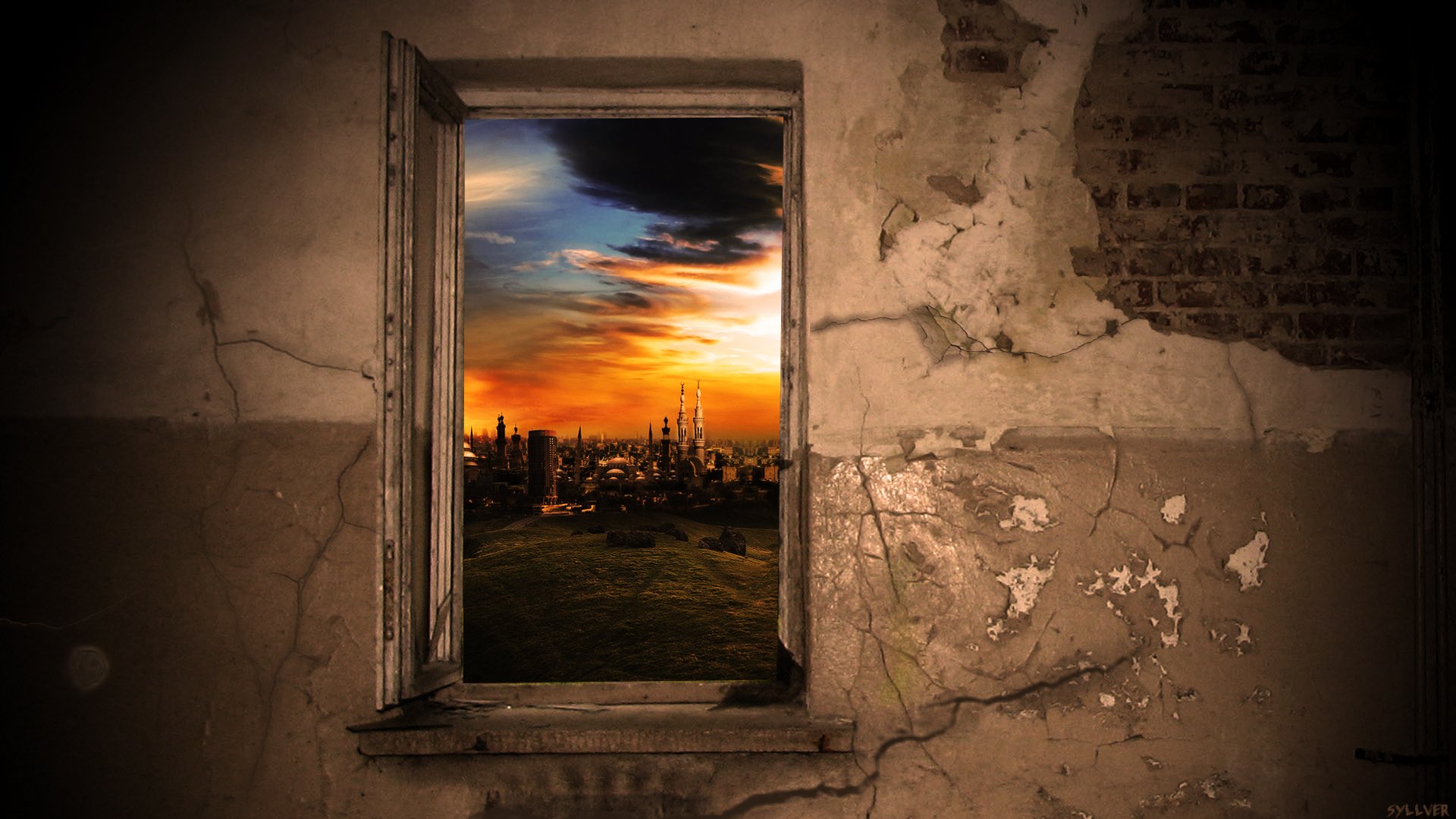 An artistic cityscape framed by an open window, showcasing a stunning sunset with vibrant colors illuminating the skyline, set against a textured wall. 