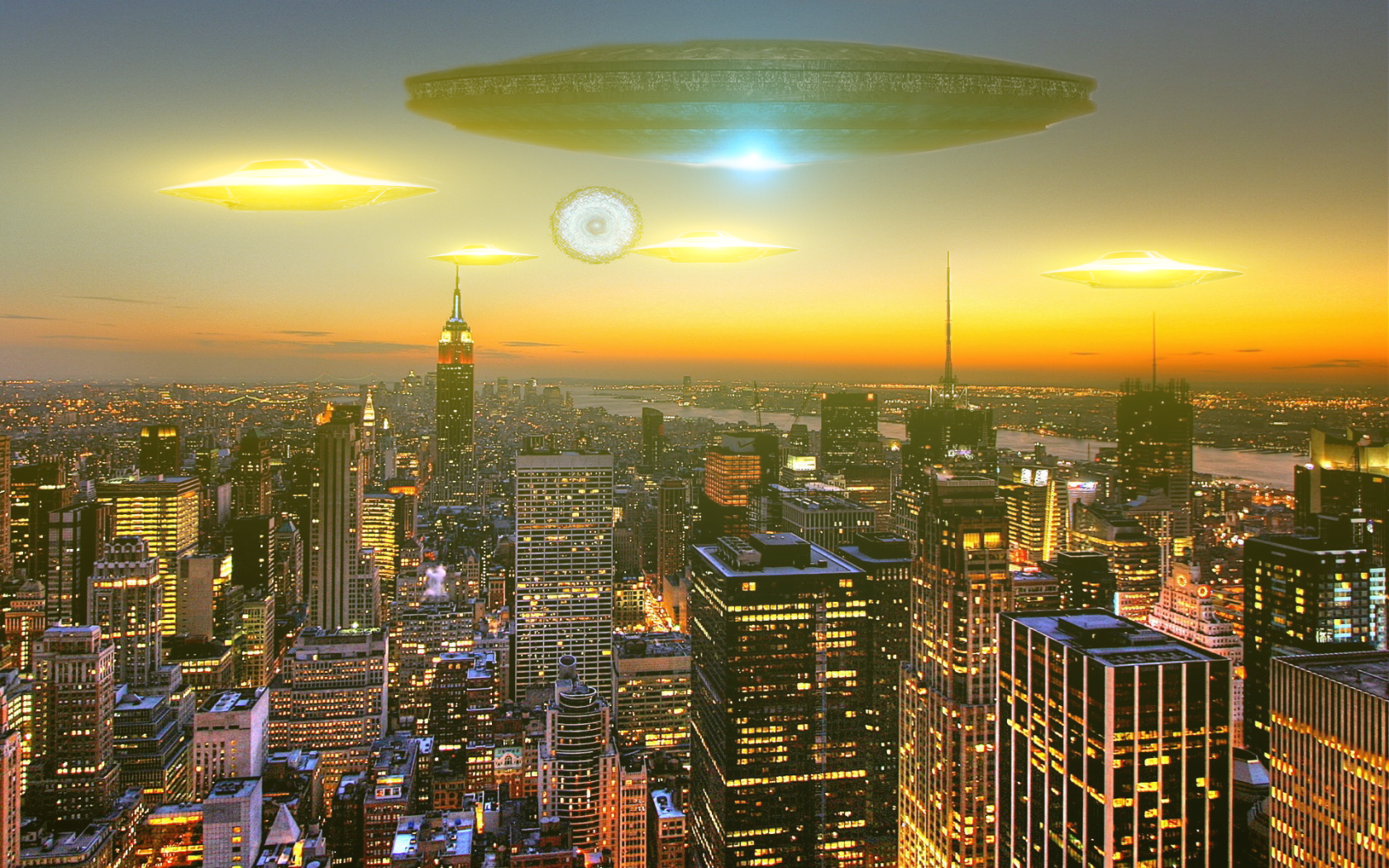A stunning HD wallpaper featuring a UFO hovering above a city skyline at sunset, illuminated by vibrant lights, capturing a sci-fi atmosphere with an otherworldly spaceship.