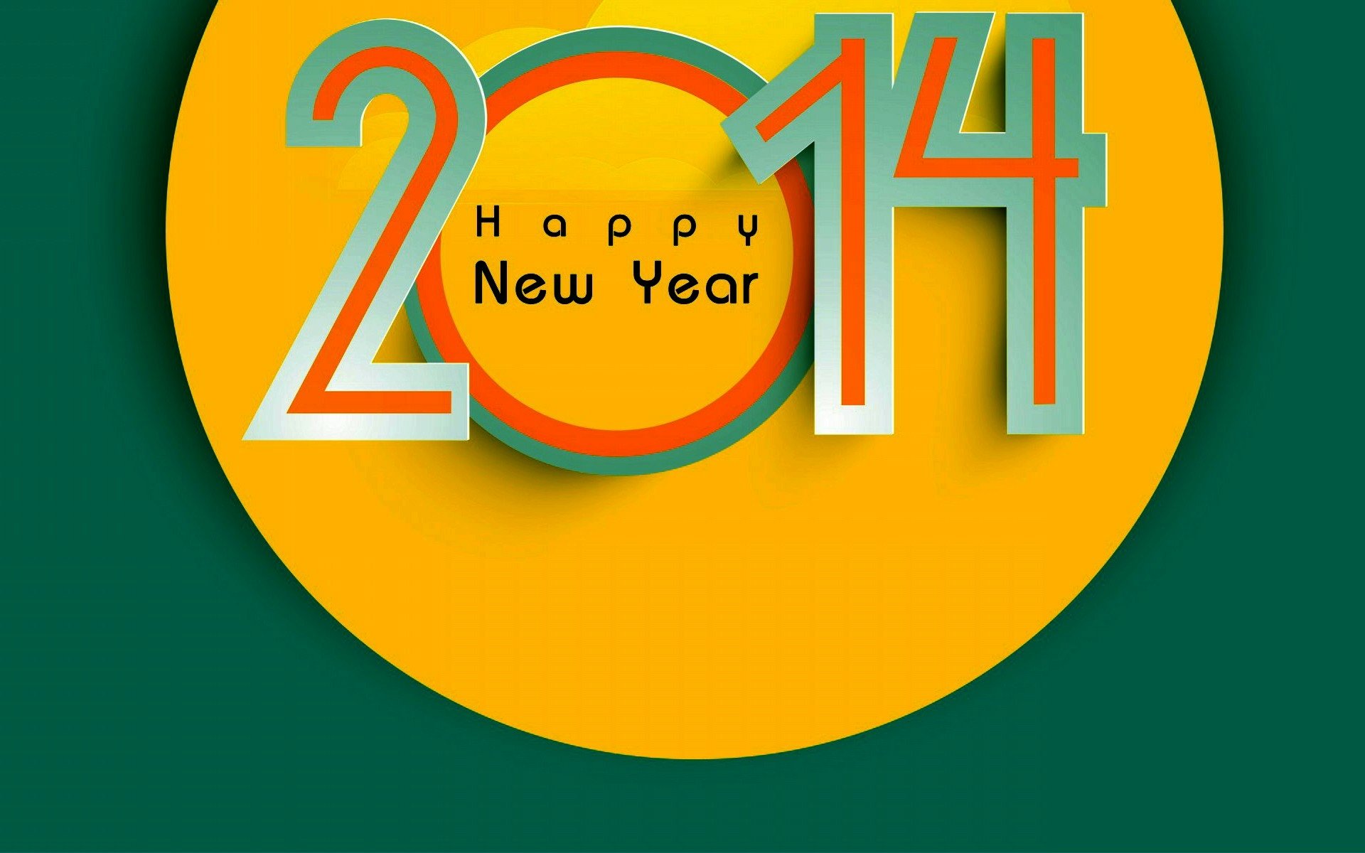 HD PC desktop wallpaper: bold orange circle on green background with layered 2014 numerals and Happy New Year text, festive New Year holiday design.