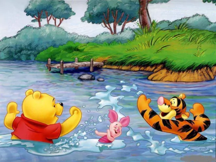 Winnie the Pooh, Piglet, and Tigger splash playfully in a vibrant pond, surrounded by lush greenery, in this HD desktop wallpaper from the beloved TV show.