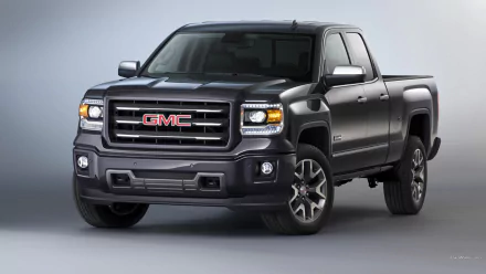 HD desktop wallpaper showing a GMC Sierra pickup truck vehicle in a front three-quarter view on a neutral gray background.
