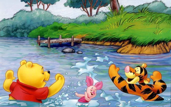Winnie the Pooh, Piglet, and Tigger splash playfully in a vibrant pond, surrounded by lush greenery, in this HD desktop wallpaper from the beloved TV show.
