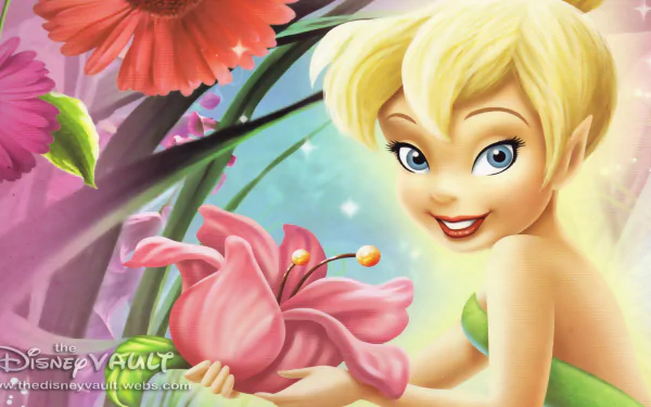 HD desktop wallpaper featuring Tinker Bell from the movie, depicted with a cheerful expression, surrounded by vibrant flowers in a magical setting.