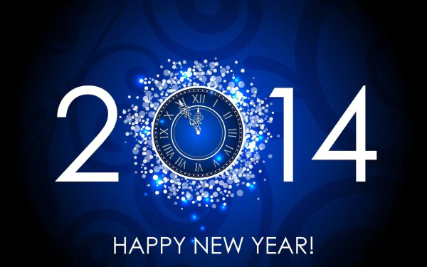 HD PC desktop wallpaper for New Year 2014 featuring a clock at midnight surrounded by bright sparkles and the message Happy New Year! on a dark blue background.