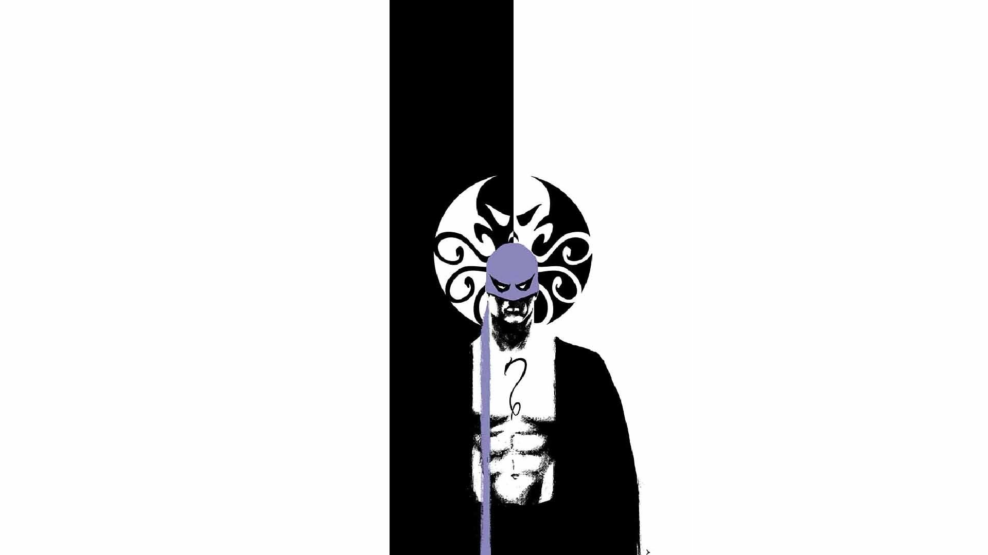 HD PC desktop wallpaper featuring a stylized comic depiction of Iron Fist with a minimalist black and white design and a purple dragon emblem.