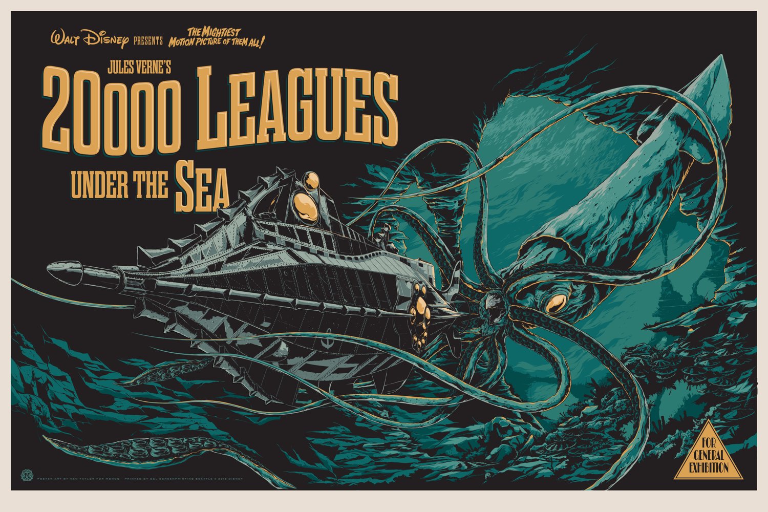 HD PC desktop wallpaper and background: stylized movie poster for 20,000 Leagues Under the Sea showing the Nautilus submarine grappling with a giant squid in teal and gold.
