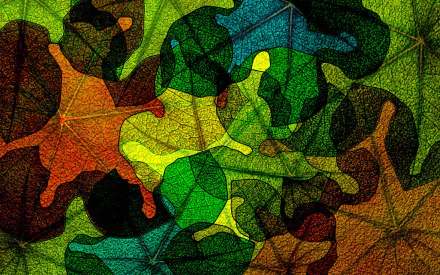 Artistic HD PC desktop wallpaper featuring a vibrant stained glass design of overlapping colorful leaves.