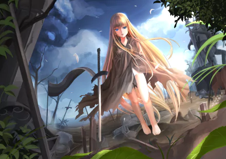 Anime HD desktop wallpaper from Negima! featuring a long-haired girl barefoot, standing with a sword in a dramatic, stormy outdoor setting.