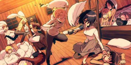 HD desktop wallpaper featuring characters Historia Reiss, Armin Arlert, Connie Springer, Annie Leonhart, Sasha Blouse, Eren Yeager, and Mikasa Ackerman from Attack on Titan having a lively pillow fight.