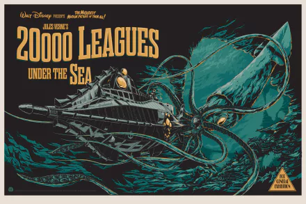 HD PC desktop wallpaper and background: stylized movie poster for 20,000 Leagues Under the Sea showing the Nautilus submarine grappling with a giant squid in teal and gold.