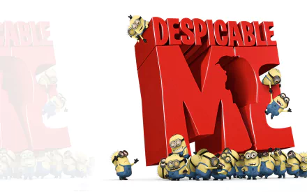 HD desktop wallpaper featuring the colorful title Despicable Me with animated Minions playfully surrounding it, capturing the fun and whimsy of the movie.