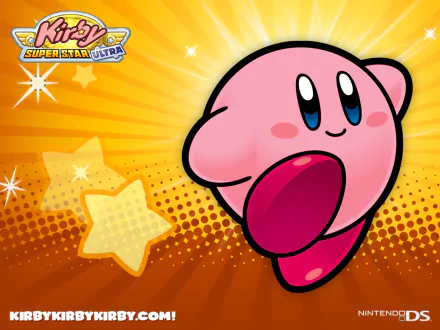 HD desktop wallpaper of Kirby from Kirby Super Star Ultra, with a vibrant starry background.