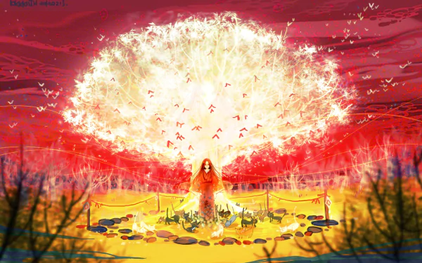 An HD desktop wallpaper featuring Hao Asakura from the anime Shaman King, surrounded by a vibrant explosion of light and mystical elements in a striking landscape.