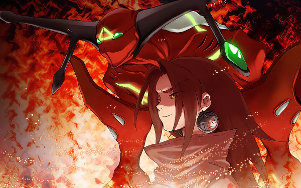 Hao Asakura stands confidently in this vibrant HD wallpaper from the anime Shaman King, surrounded by fiery colors and dynamic energy, showcasing his powerful presence.