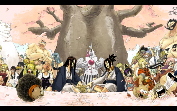An HD desktop wallpaper featuring characters from the anime Shaman King, set against a backdrop of a majestic tree surrounded by colorful and dynamic characters.
