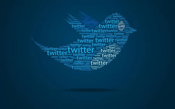 HD desktop wallpaper featuring a Twitter logo composed of multiple Twitter text elements on a blue background, symbolizing technology and connectivity.