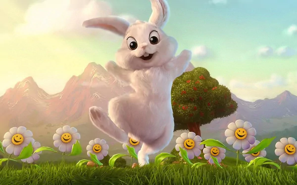 A playful rabbit leaps joyfully among smiling flowers, set against a picturesque landscape of mountains and trees. This vibrant scene makes a charming HD desktop wallpaper.