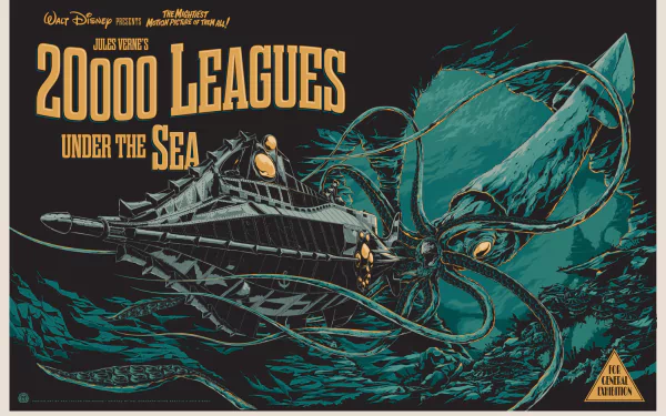 HD PC desktop wallpaper and background: stylized movie poster for 20,000 Leagues Under the Sea showing the Nautilus submarine grappling with a giant squid in teal and gold.