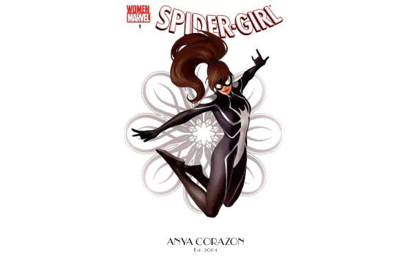 Comic-themed HD wallpaper featuring Spider-Girl, Anya Corazon, in a dynamic pose against a decorative background, showcasing her superhero style and vibrant colors.