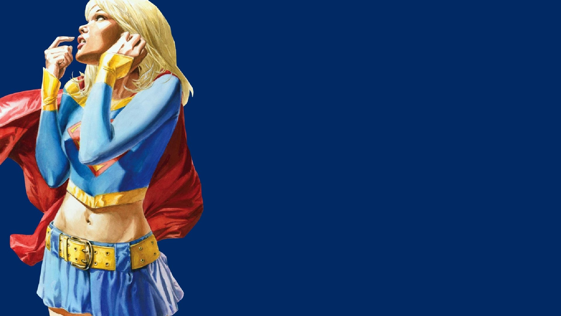 HD PC desktop wallpaper: Supergirl from the Final Crisis comic — blonde in blue-and-red costume with flowing cape, cropped left against a solid deep-blue background.