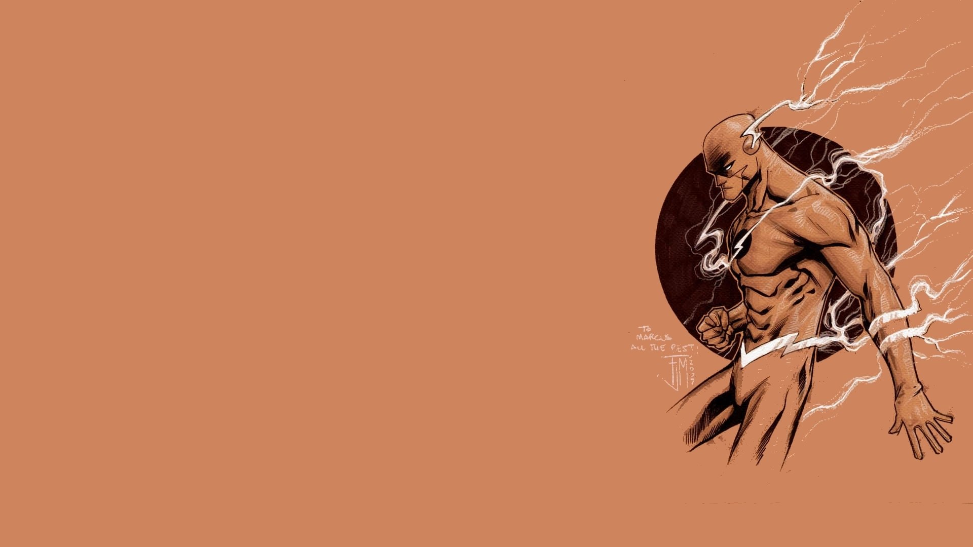 HD PC desktop wallpaper featuring the Flash from the comic series, depicted with lightning effects on a solid brown background.
