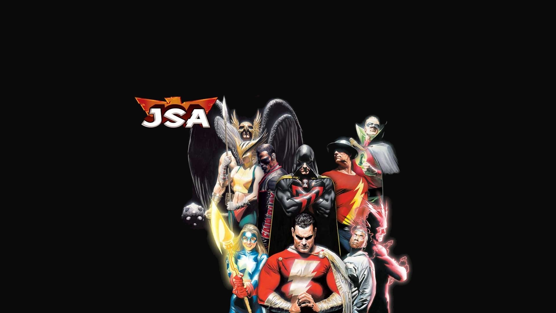 HD desktop wallpaper of DC Comics' Justice Society of America (Earth‑Two) on black background, featuring Shazam/Billy Batson, Jay Garrick's Flash, Hawkman, Hawkgirl and Green Lantern.