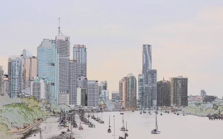 Sketch-style HD desktop wallpaper of Brisbane’s cityscape in Queensland, Australia, featuring man-made buildings and boats along the waterfront.