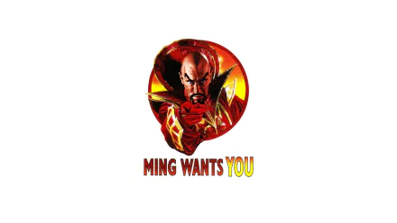 HD PC desktop wallpaper featuring Ming from the Flash Gordon comic, with bold text MING WANTS YOU below the character in a striking graphic style.