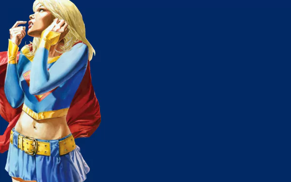 HD PC desktop wallpaper: Supergirl from the Final Crisis comic — blonde in blue-and-red costume with flowing cape, cropped left against a solid deep-blue background.