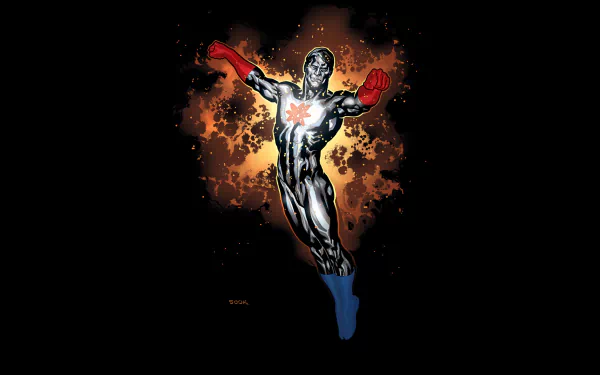 HD PC comic desktop wallpaper of Captain Atom: metallic superhero flying forward with glowing chest energy and fiery cosmic burst behind him on a black background.