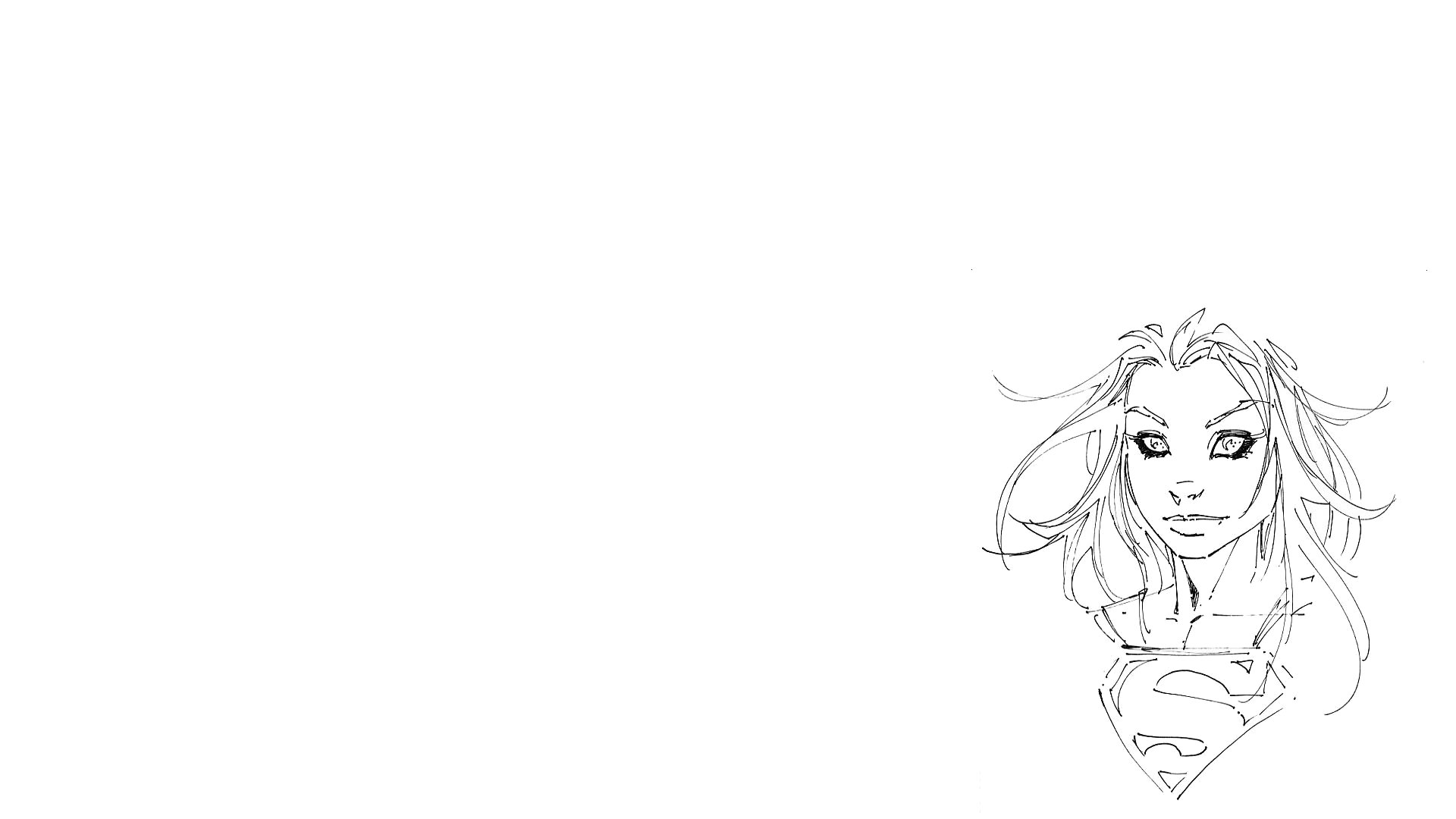 Comic-style Supergirl sketch at right on white space, minimal HD PC desktop wallpaper and background showing her bust, flowing hair and S emblem.