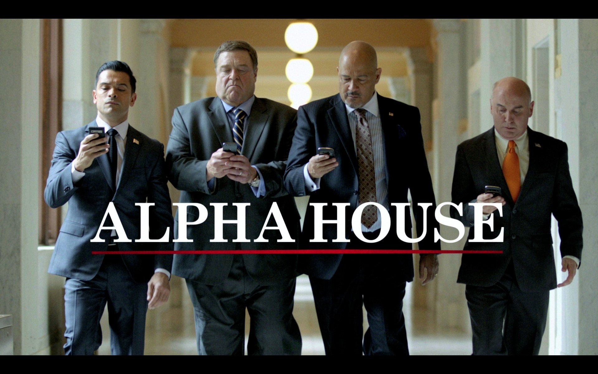 HD desktop wallpaper featuring four men walking in a hallway from the series Alpha House.