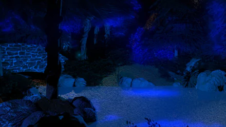 A glowing blue fantasy landscape at night featuring a bridge over a lake surrounded by trees and bushes in a mystical forest, captured in HD for a PC desktop background.