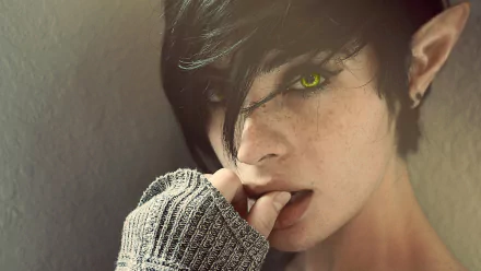 HD desktop wallpaper featuring a woman in cosplay, showcasing striking yellow eyes and pointed elf ears, wearing a knitted sweater with a contemplative pose.