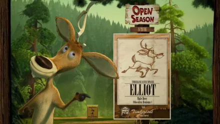 HD PC desktop wallpaper from the movie Open Season (2006): Elliot the deer grins beside a forest sign and a wanted poster in a bright woodland scene.